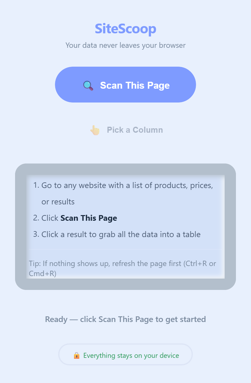 SiteScoop popup showing the initial state with Scan This Page button